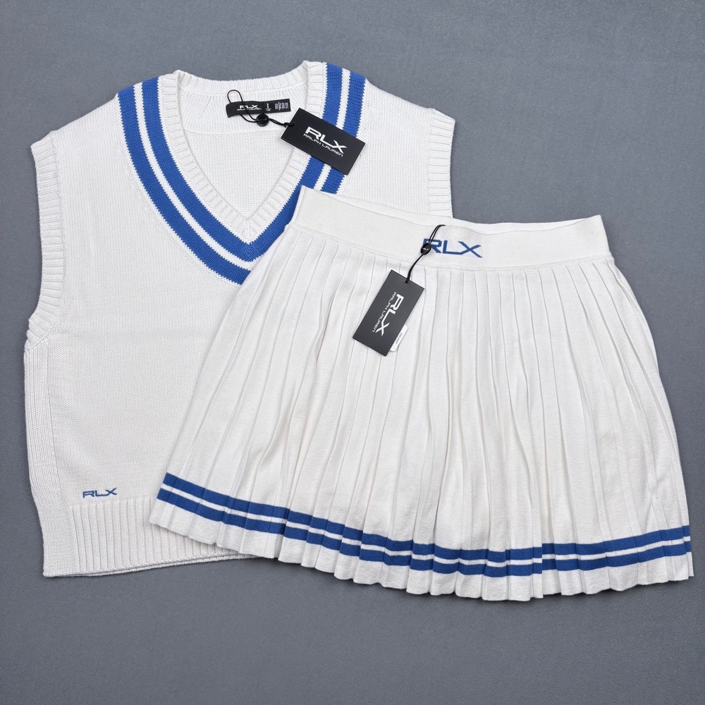RLX Ralph Lauren Womens L Sweater Vest & Pleated Cricket Skort Set White Striped